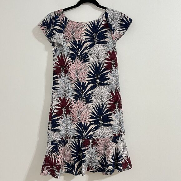 Karl Lagerfeld Mini Dress Size 2 White Blue Leaf Print Ruffle Sleeve Hem Texture - Picture 2 of 8